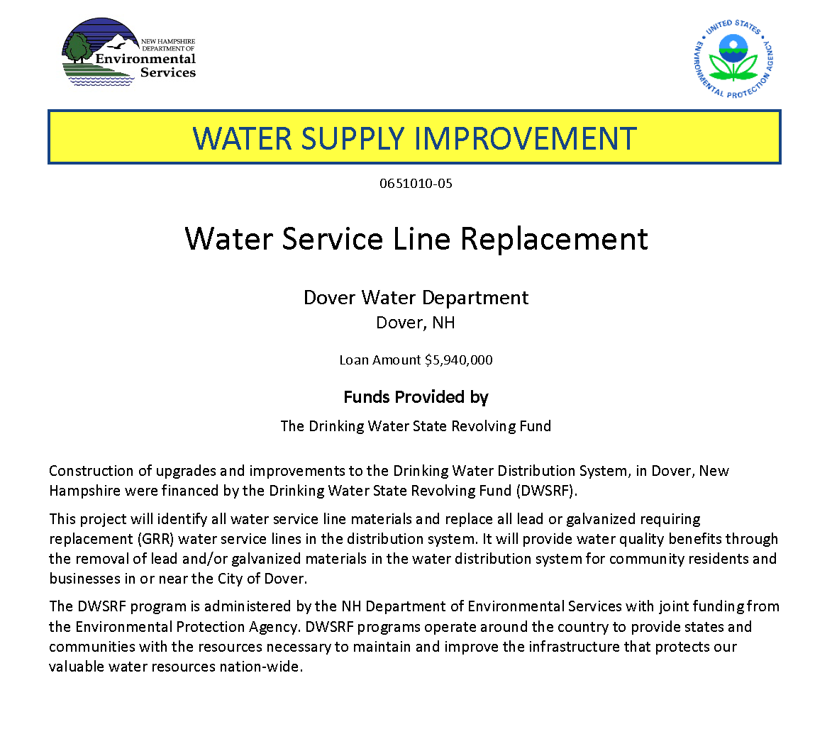 Provides funding information about water service line replacement in Dover