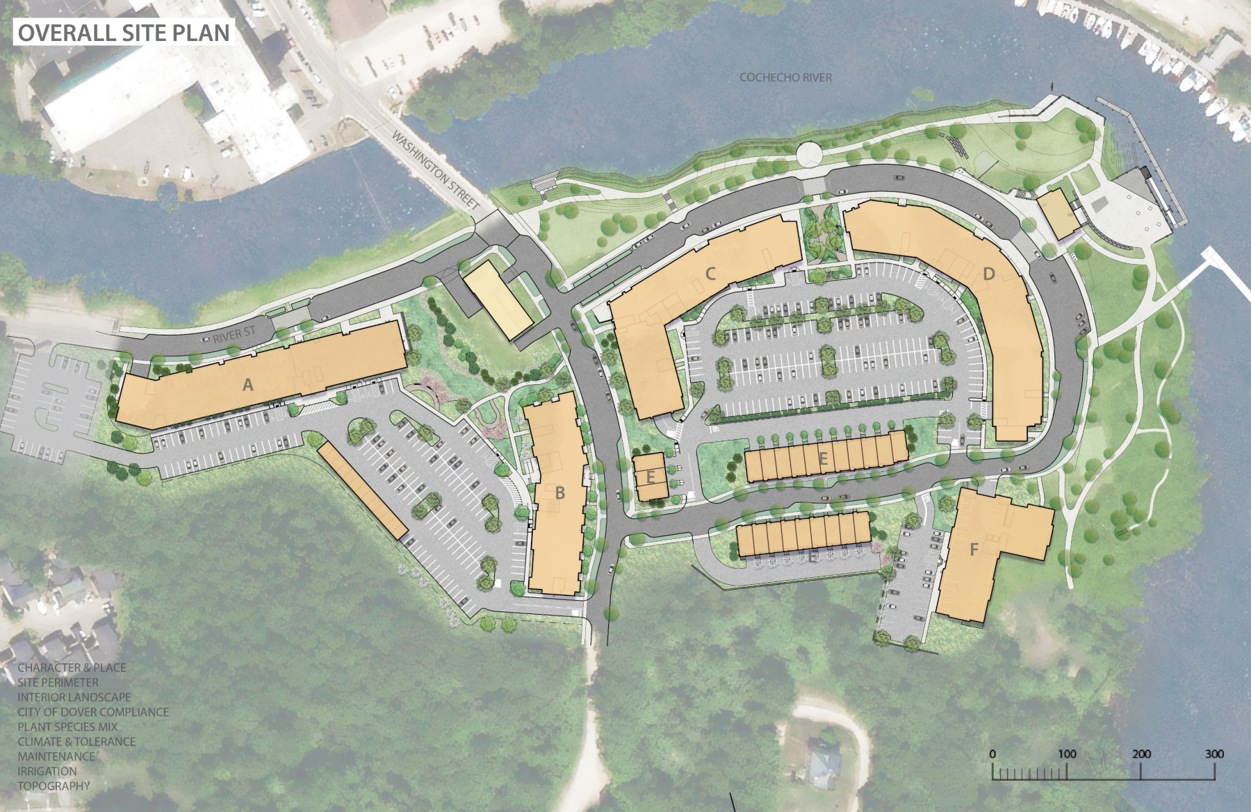 Overall Site Plan of the waterfront development featuring structures along the cocheco river