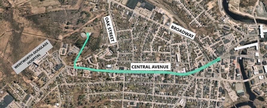 Map of the water main to be replacedd on Central Avenue and Abbey Sawyer Memorial Drive