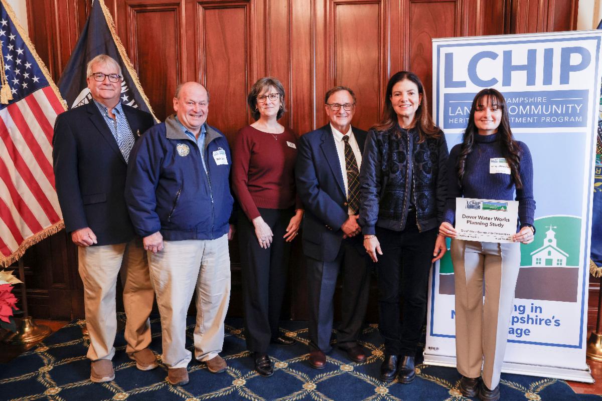From left, Deputy Mayor and Mayor-elect Dennis Shanahan, Mayor Robert Carrier, LCHIP Executive Director Paula Bellemore, LCHIP Board Chair Richard Lewis, Gov. Kelly Ayotte, and Dover Assistant City Pl