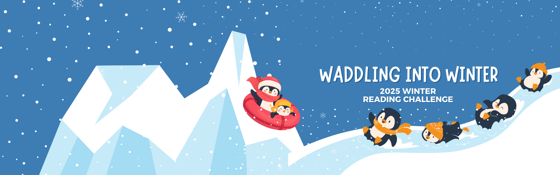 winter reading challenge banner with snow and penguins sledding