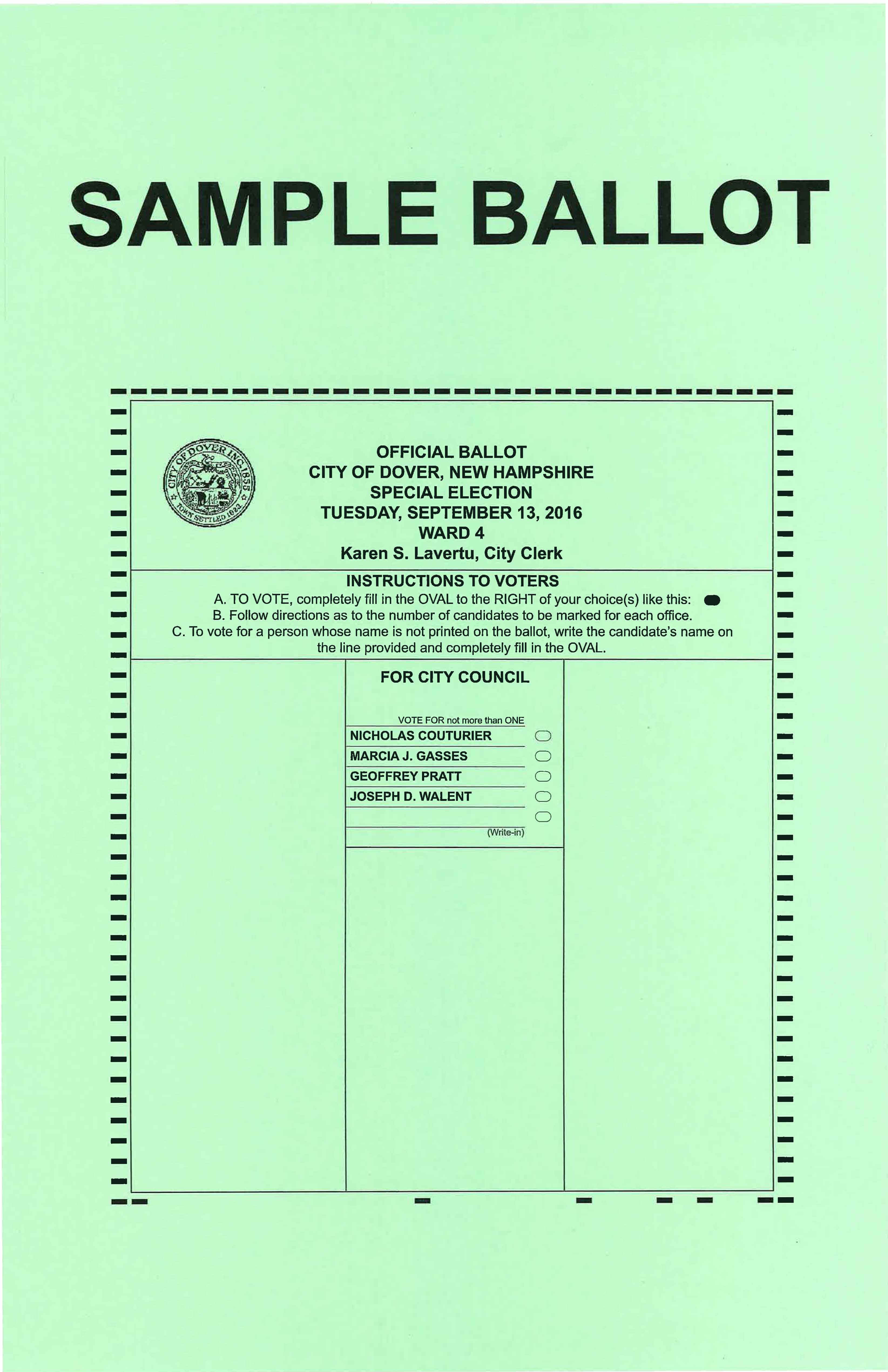 Ward 4 2016 Special Election Sample Ballot