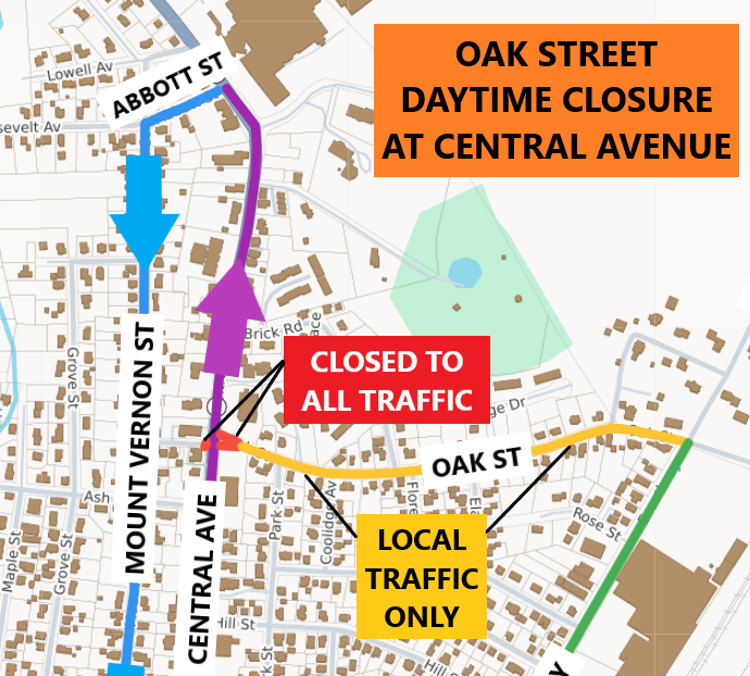 A map showing the closure of Oak Street during construction hours and the detours around the closure