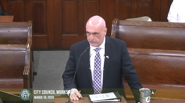 Video thumbnail of City Council worksop on March 18 2026. Community Services Director John Storer in a suit speaks to the Council from the podium