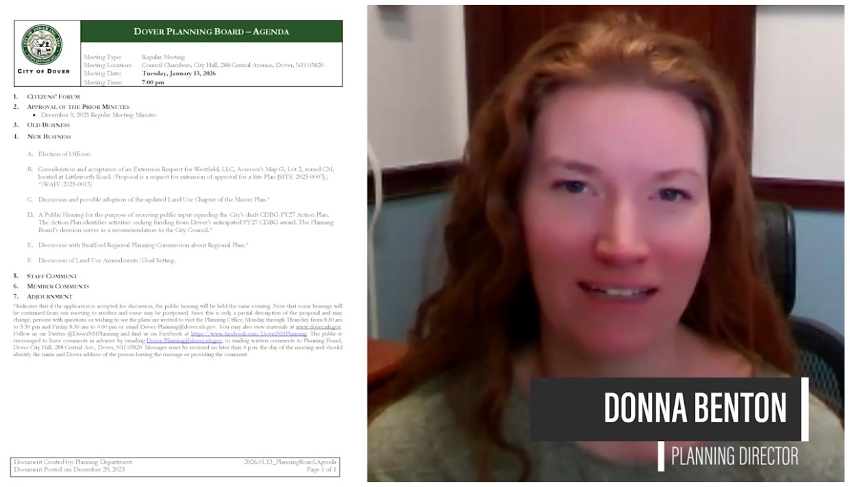Image of Planning Director on right and Planning Board 1/13/26 agenda