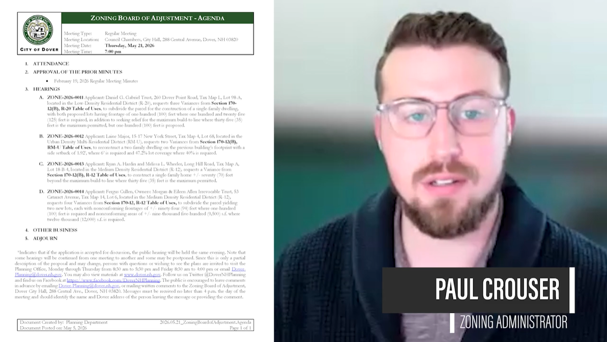 Screenshot of video explaining what is on the May 21, 2026 Zoning Board of Adjustment agenda